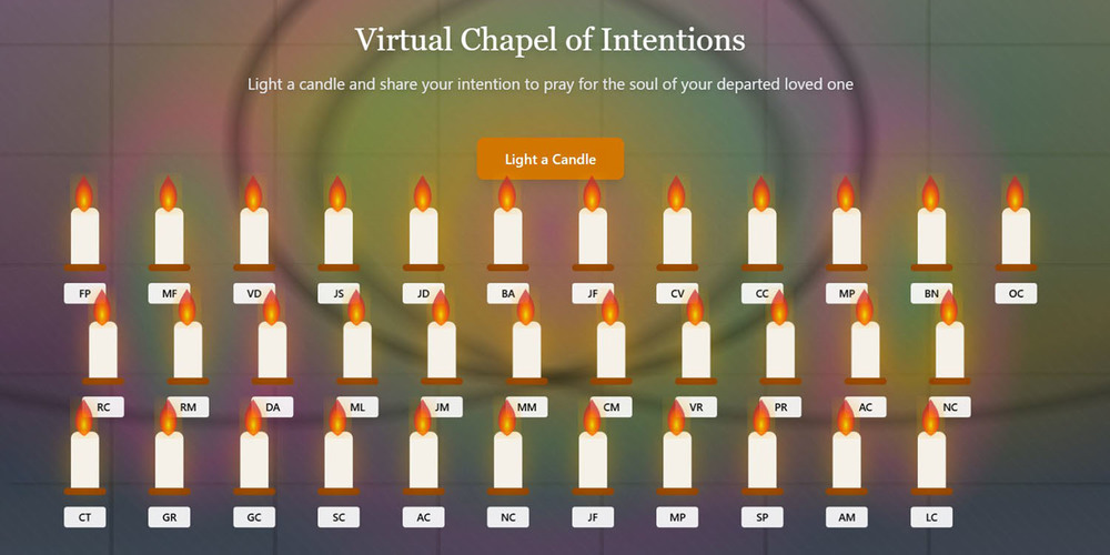 Screenshot of the virtual chapel with rows of candles and students' initials under each candle
