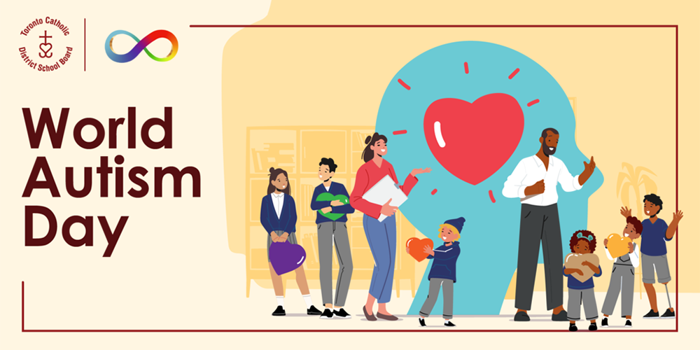 World Autism Day graphic showing diverse children and adults standing together beside a large blue awareness symbol with a heart.