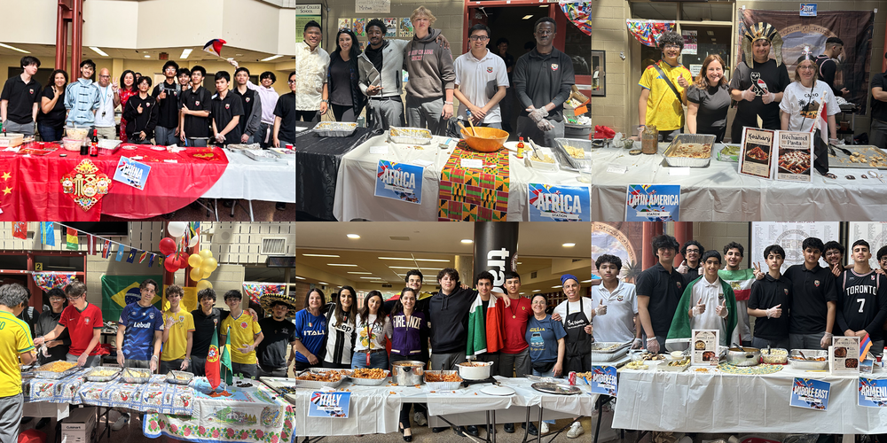 Collage of six photos of cultural food tables set up by Brebeuf students, showcasing food from the cultural region and countries from that culture and region