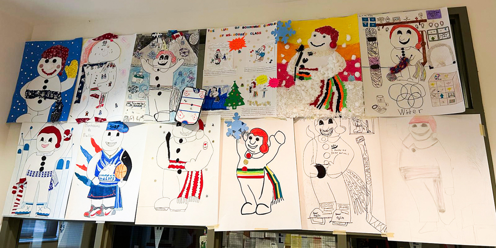 Photo of drawings of Bonhomme made by the students