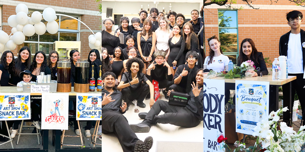 Collage of two photos at the Spring Arts showcase, one photo of students running a snack bar, one photo of students running the boquet bar, and one photo of the music performance students posing for a group photo