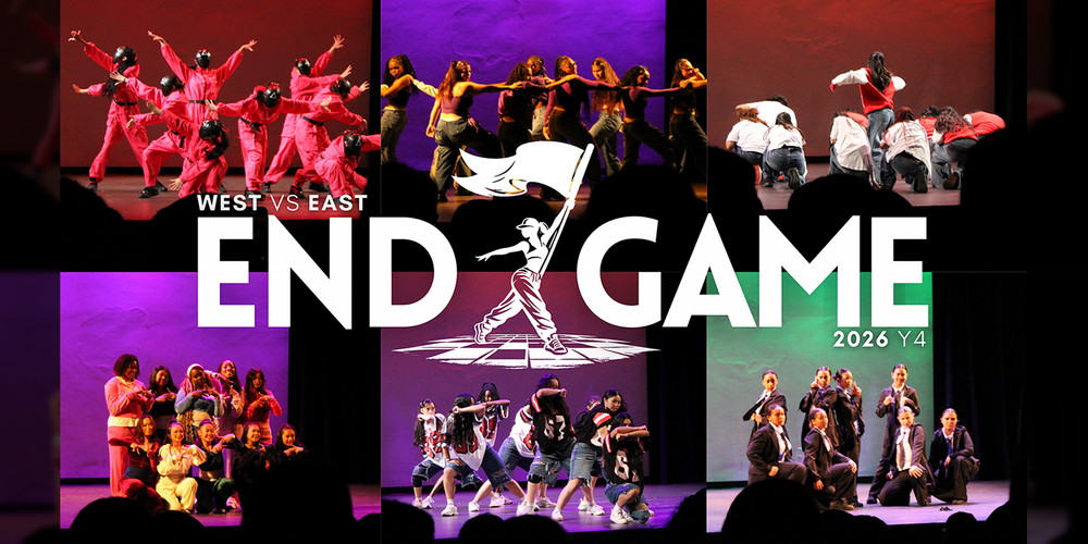 West vs East ENDGAME Dance Competition 2026 Y4 - Background is collage of six photos of school teams dancing on stage
