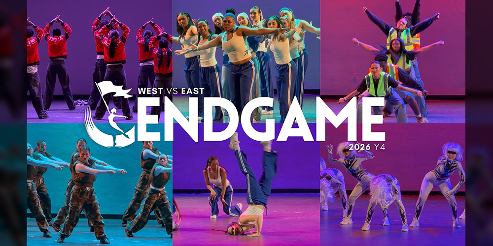 Collage of six photos of dance teams performing on stage, with the title in white on top: "West vs. East Endgame 2026 Y4"