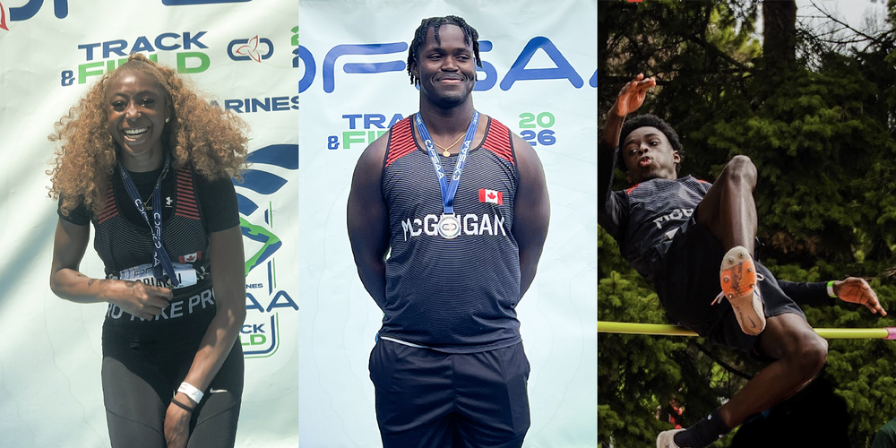 Collage of three photos of JCM athletes at the meet, two posing with their medals, and one in the middle of a vault