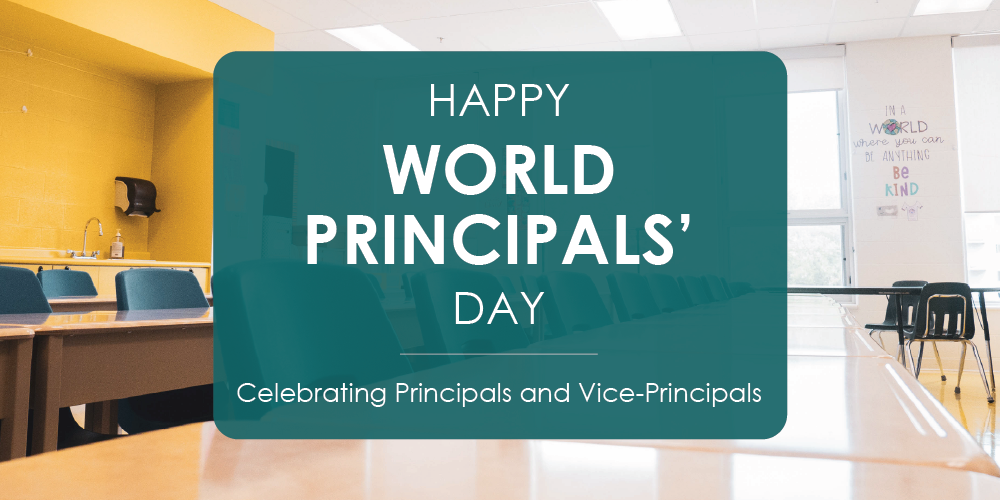 Graphic reading “Happy World Principals’ Day” with the subtitle “Celebrating Principals and Vice‑Principals,” displayed over a bright classroom with desks, chairs, and large windows.