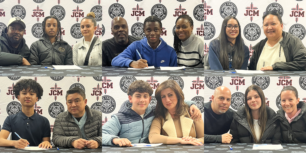 Collage of six photos of JCM students signing to the HPA program at a table bedecked with the JCM Wolfpack logo, accompanied by their parents