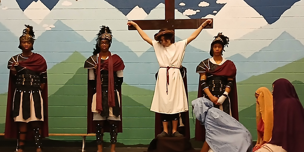 Photo of Our Lady of Victory students presenting the Passion Play