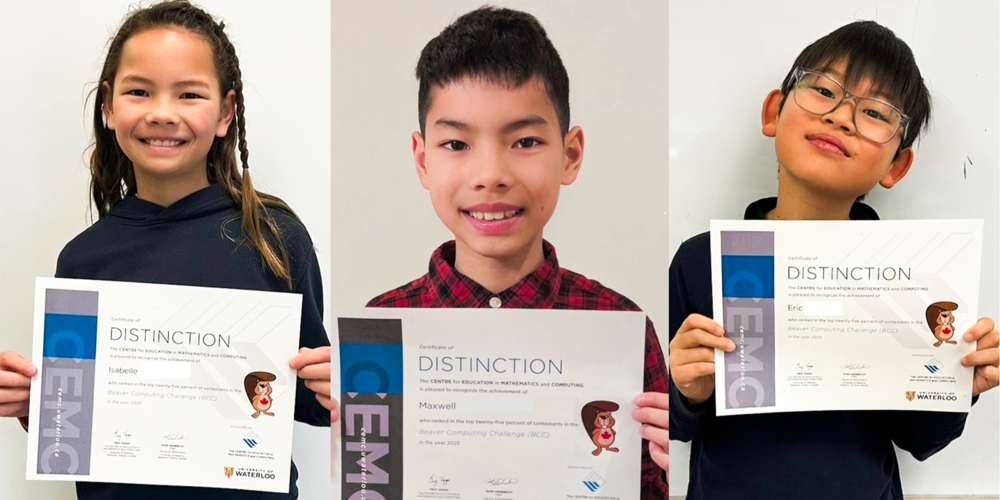 Group photo of three students holding up certificates of distinction