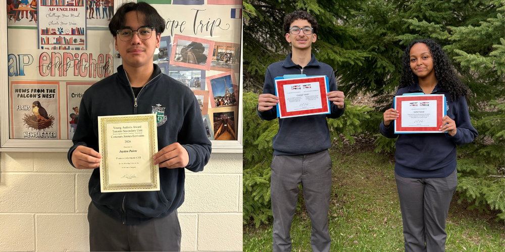 3 students holding awards.