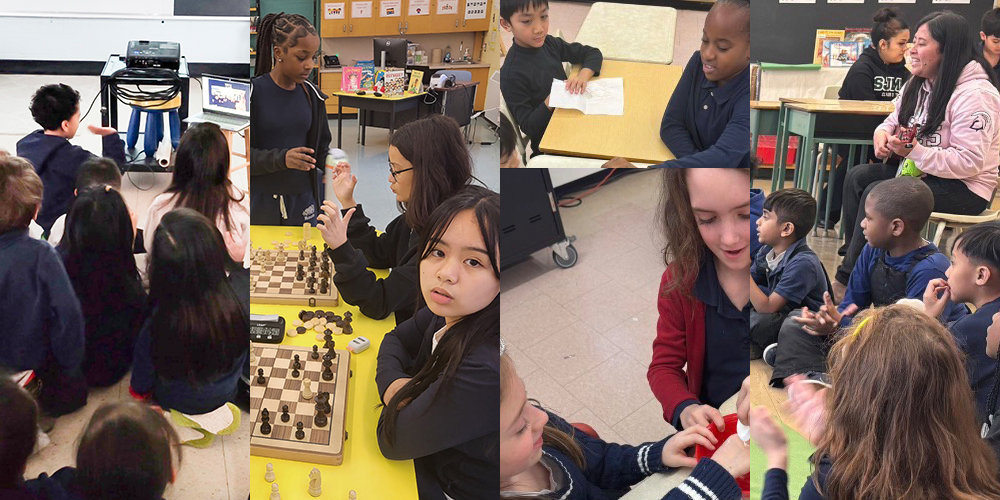 Collage of five photos of Blessed Trinity students, listening to a TTC presentation, playing chess, beginning their Pen Pals program, practising the Sacrament of Baptism, and observing Baby Chester's growth