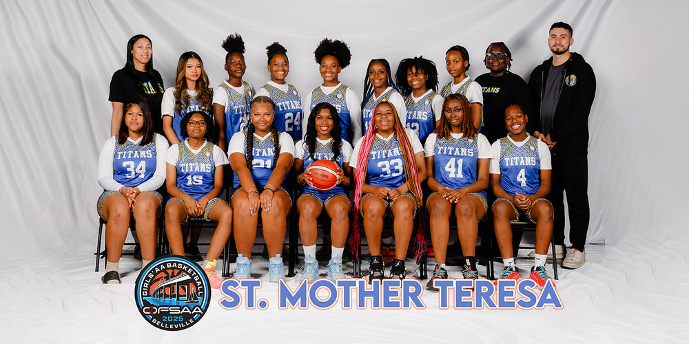Graphic showing group photo of St. Mother Teresa basketball team with their coaches, with the OFSAA 2025 Girls Basketball crest and the words "St. Mother Teresa" near the bottom of the graphic