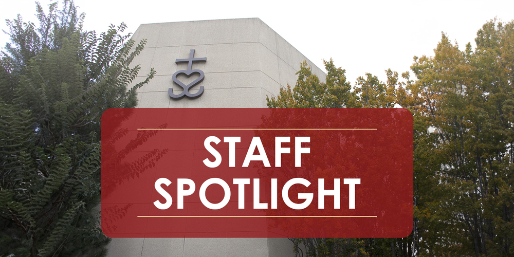 Graphic that says Staff Spotlight in front of a photo of the Catholic Education Centre building