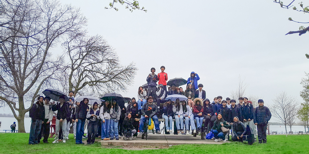Group photo of Marshall McLuhan students in front of the lake during the Math Trail