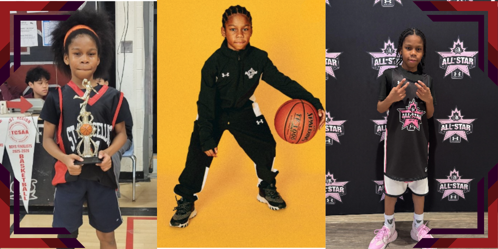 Collage of 3 images of a young boy with basketball attire.