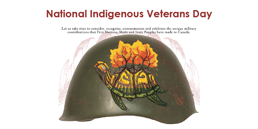 An image of a turtle on a helmet with 'National Indigenous Veterans Day' written on it.