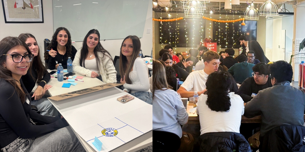 Collage of two photos of Loretto Abbey and Brebeuf students working together on the Design Thinking process challenge