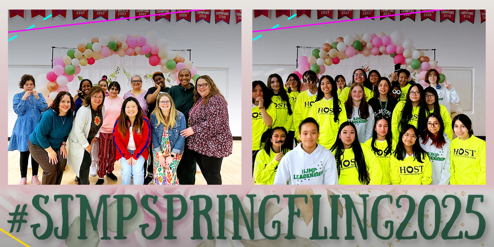 Collage of two group photos of SJMP students and staff posing during the SJMP Spring Spling in front of a balloon arch