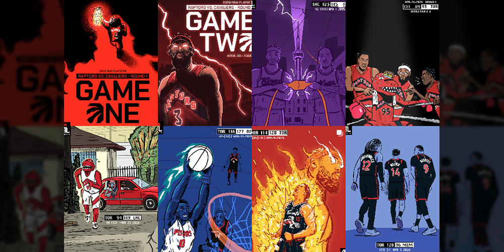 Collage of eight artworks of the Toronto Raptors made by Aidan