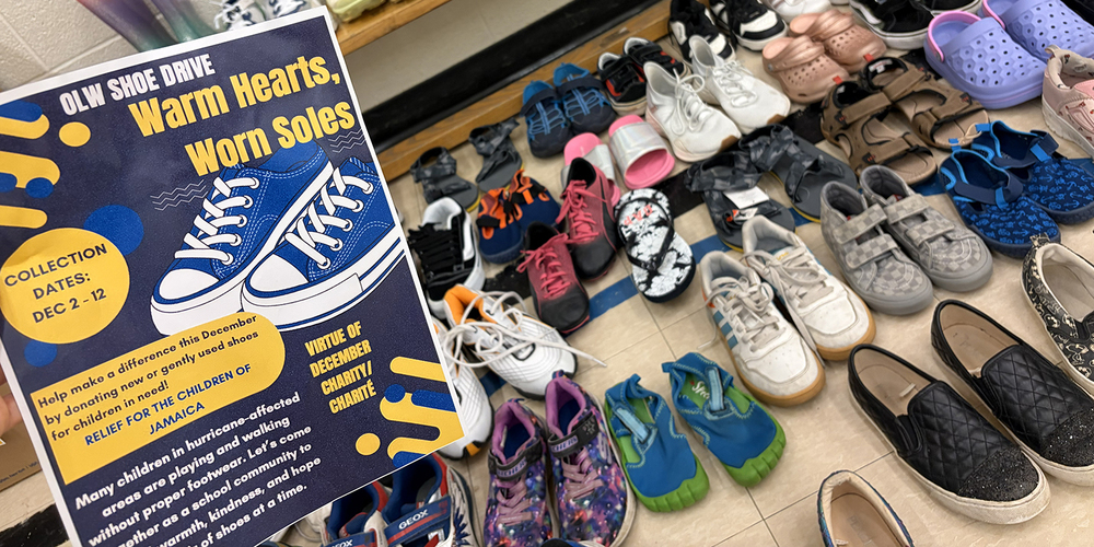 Photo of shoes collected with a flyer advertising the collection