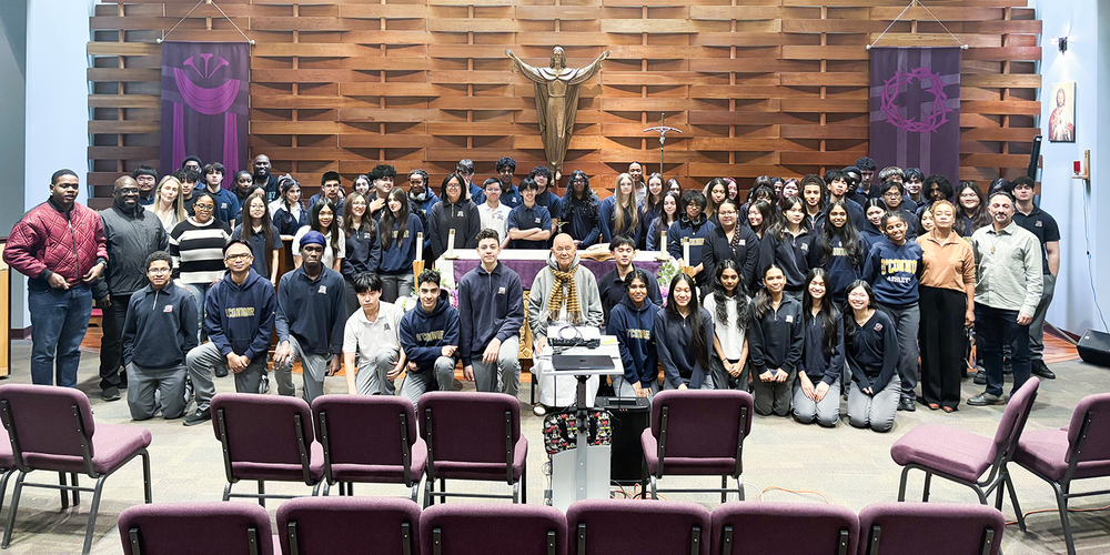 Group photo of Father Ho Lung with Senator O'Connor students and staff