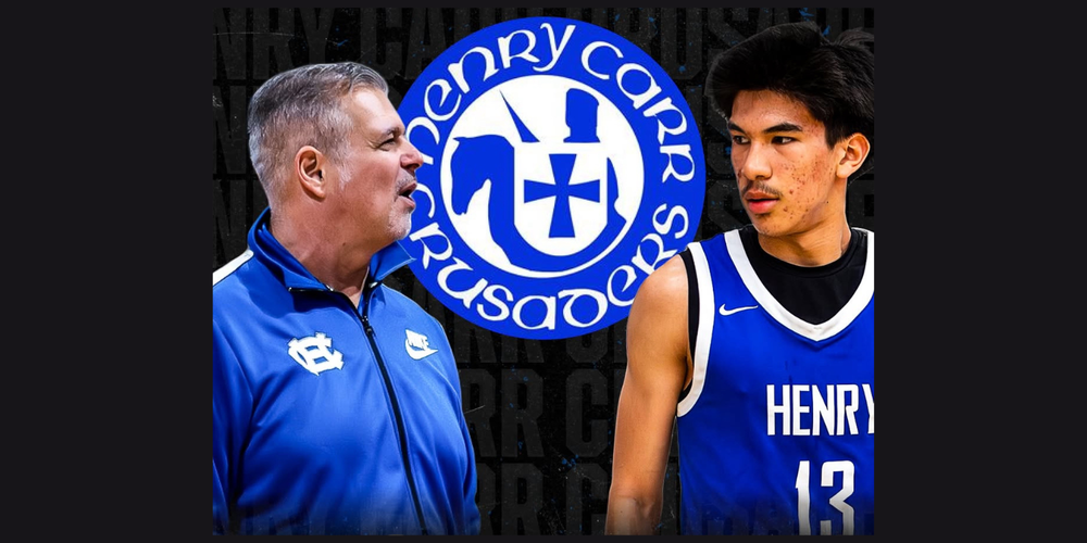 Coach and player posing with the basketball logo