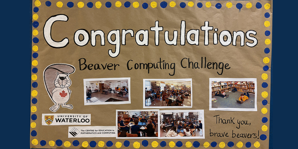 Photo of display congratulating St. Brigid students on completing the Beaver Computing Challenge, along with photos from the challenge