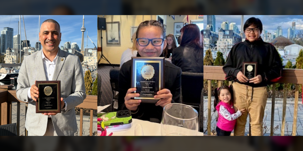 Collage of three photos of Davielle, Chyan and Mr. Tocco with their awards.