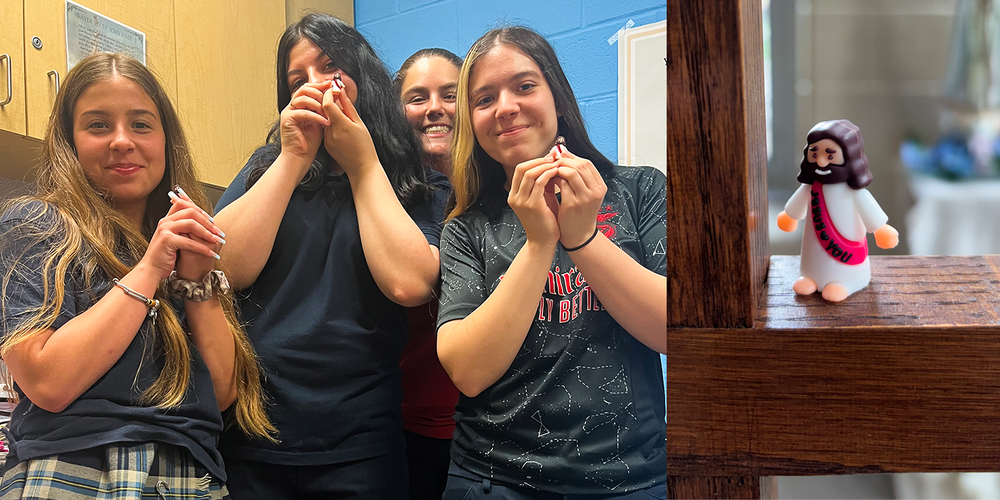 Collage of one photo of Loretto College students holding up tiny Mini Jessus figurines, and one photo of a mini Jesus figuring perched on a cross