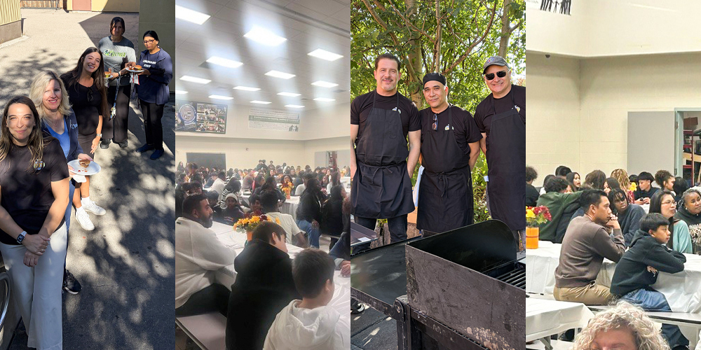 Collage of four photos of Libermann staff and students at the BBQ. The first photo is of staff members posing with their plates of food. The second and fourth photos are of students and their parents at the event listening to student leaders speak. The third photo is of staff members manning the barbeque grill