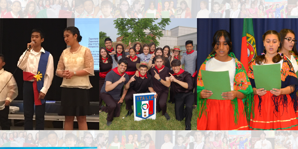 Collage of students participating in cultural heritage activities. The central images show groups posing outdoors and individuals performing or speaking on a stage, some holding papers and wearing traditional or coordinated outfits. Narrow strips along the top and bottom display smaller photos of students in colourful cultural clothing and classroom or performance settings.