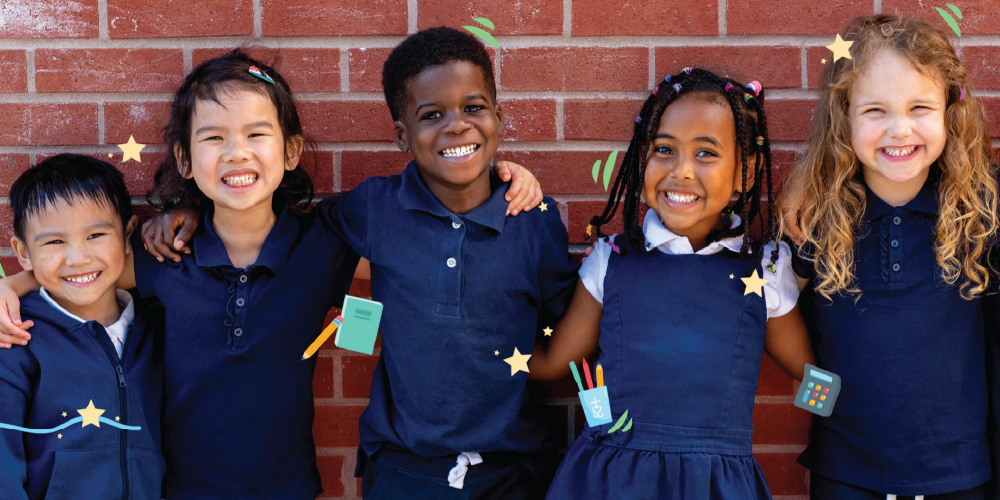 A group of five smiling elementary school students standing together in front of a red brick wall. They are wearing navy blue school uniforms and have their arms around each other. The image is decorated with colorful, hand-drawn style illustrations of school supplies, including a pencil, a notebook, a calculator, and stars.