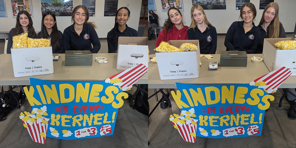 Collage of two photos of FJR Key Club students sitting at the popcorn selling table