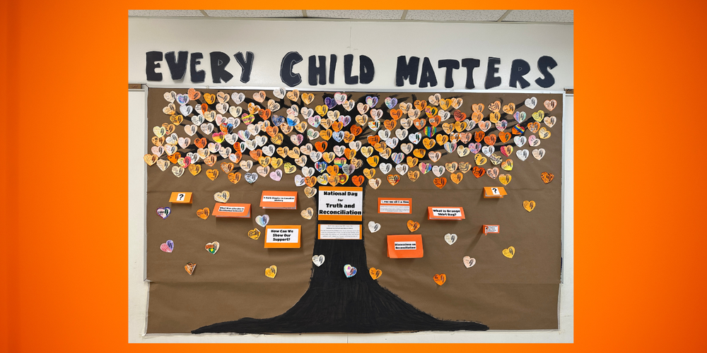 Every Child Matters banner with a painted tree and hearts with messages