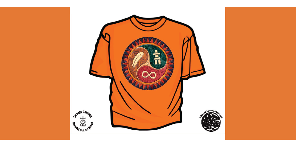 Orange Shirt Day T-shirt featuring an Indigenous-inspired circular design with a feather, Inuksuk, and infinity symbol.