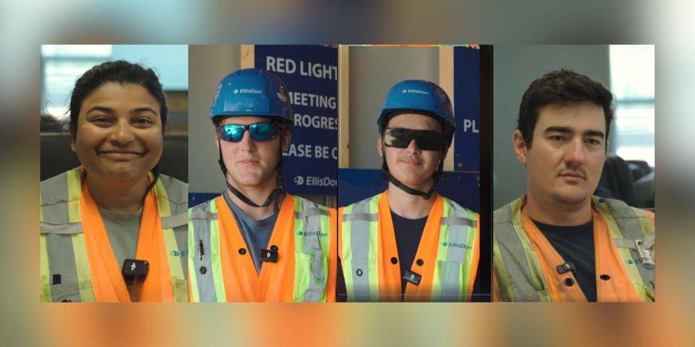 Four-panel collage showing two workers in high-visibility vests and blue hard hats, one wearing sunglasses and a helmet, plus a man in a grey jacket, each smiling in an indoor work area.