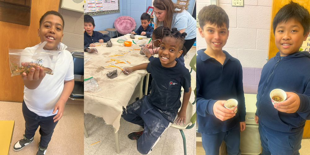 collage of 3 photos- young students holding up cups 