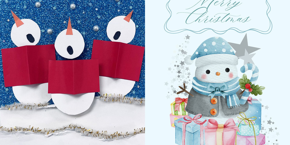 Collage of two Christmas cards designed by Francis Libermann students, one showing three snowmen caroling and the second showing a snowman surrounded by wrapped gifts
