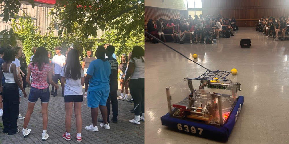 Two side-by-side photos of youth participating in STEM and robotics activities. On the left, a group of students stands in a circle outdoors beneath leafy trees in a courtyard. On the right, a robotics competition robot labeled “6397” sits on a gymnasium floor, with yellow game balls nearby and rows of seated students watching from the sides of the room.