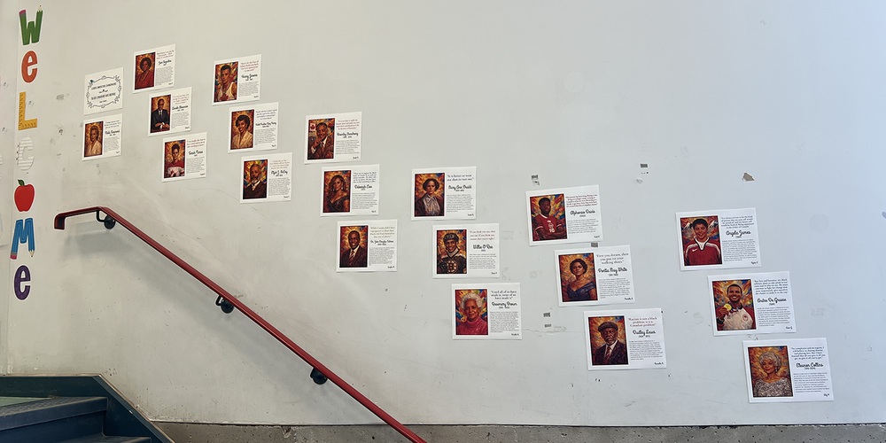 Photo of St. Anthony school halls decorated with posters showing the portraits of influential Black Canadians along with explanations of what they did