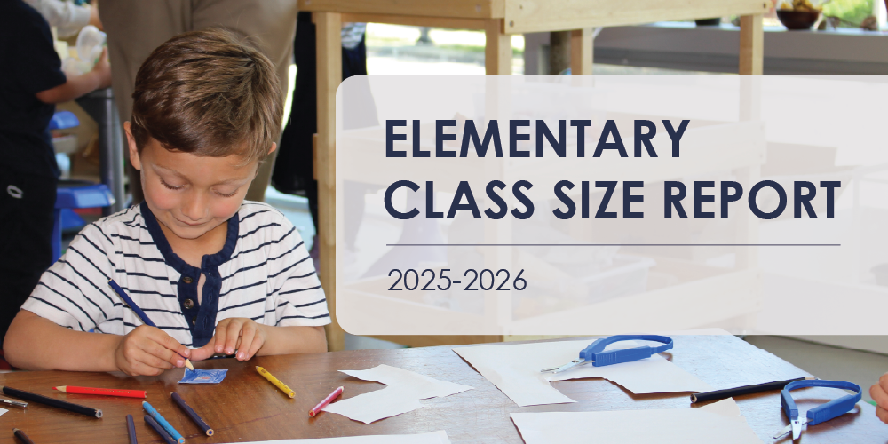 An image of a child drawing on a piece of paper, with 'Elementary Class Size Report 2025-2026' written on it.