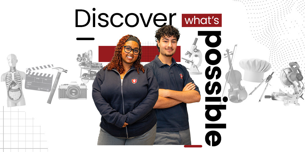Promotional graphic featuring two secondary school students in school uniform standing in front of images representing various pathways and programs, including health sciences, construction, media arts, science, music, culinary arts, drafting, and skilled trades. The text reads “Discover what’s possible,” with “possible” displayed vertically. The background is light grey with graphic design elements, including grid lines, geometric patterns, and red accents.