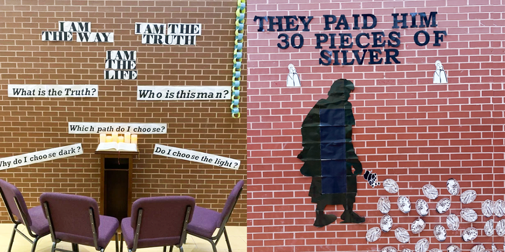 Collage of two photos of the illustrations with quotes from the journey to Jesus' Passion, Death, and Resurrection