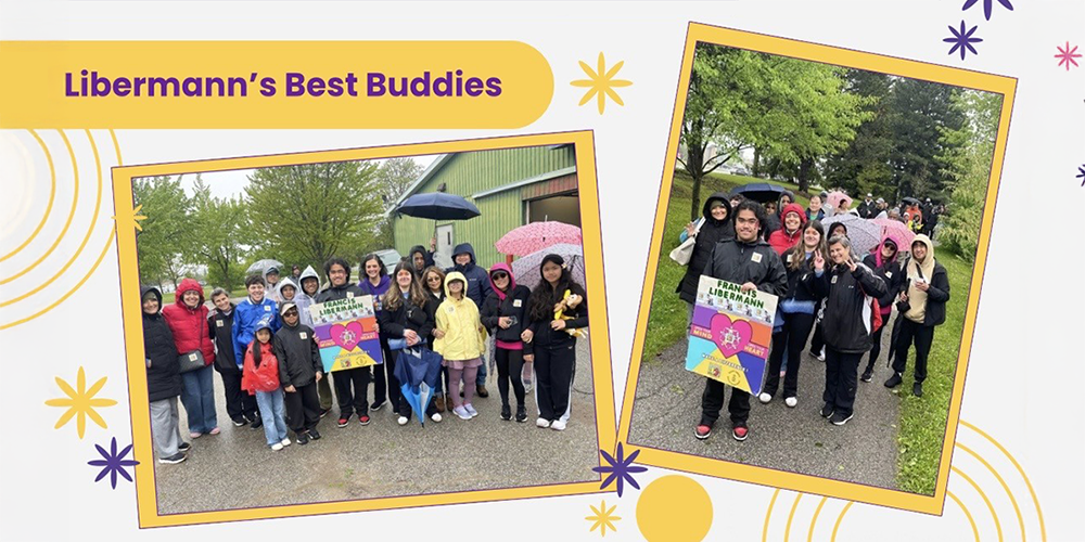 Graphic showing a collage of photos of Francis Libermann students taking the Best Buddies Friendship Walk