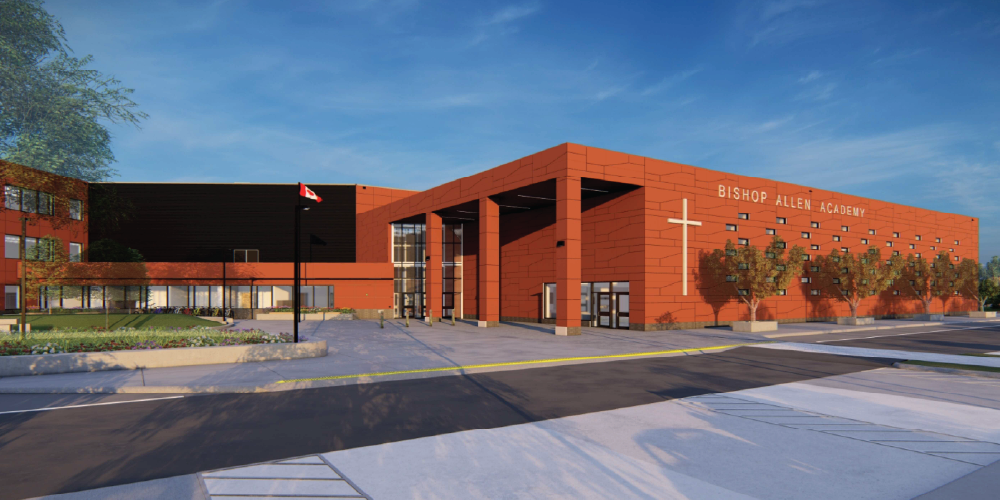 A rendering of the outside of the new school building.