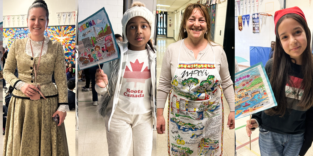 Collage of four photos of St. Angela students and staff dressed for Italian and French Carnival celebrations