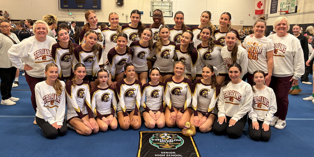 Group photo of the MPSJ Cheer Team with their championship banner