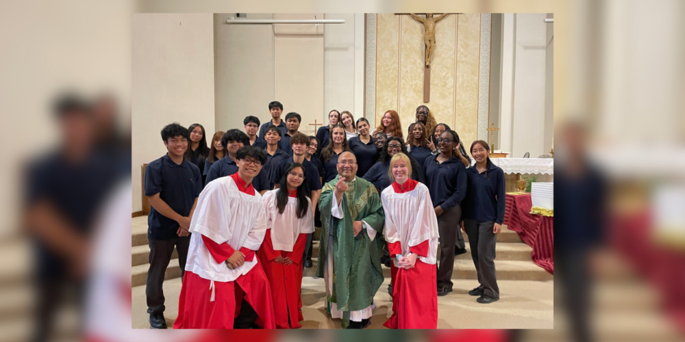 students and priest in a church