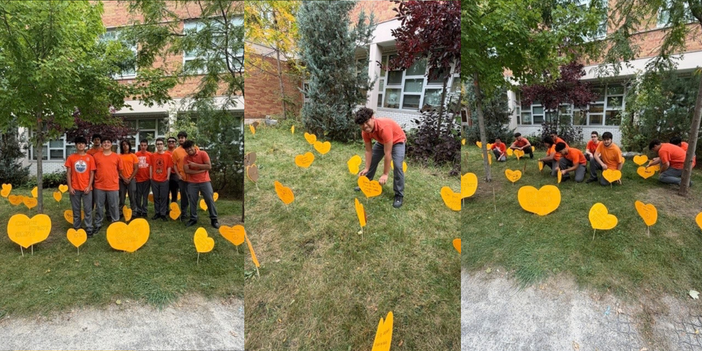 3 images of students in orange shirts "planting" orange heart papers outdoors in the grass