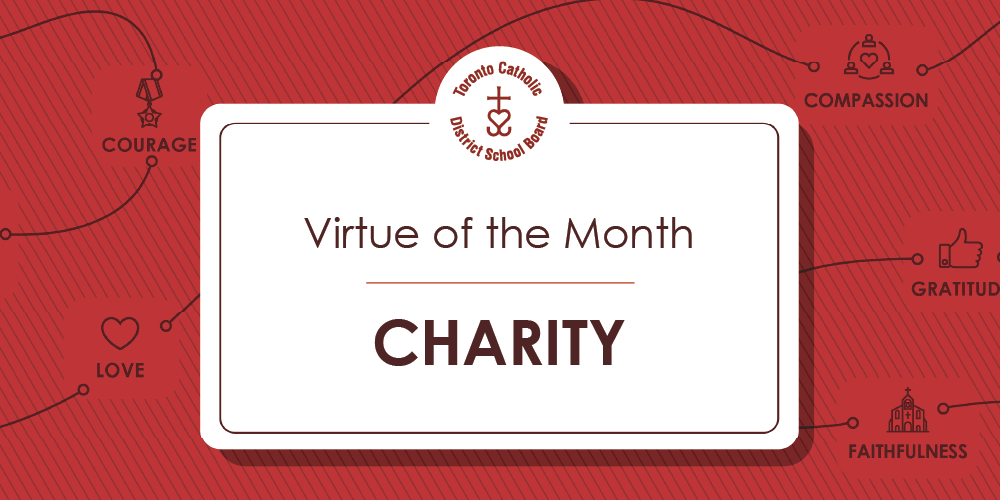 An image of a red background with 'Virtue of the Month - Charity' written on it.