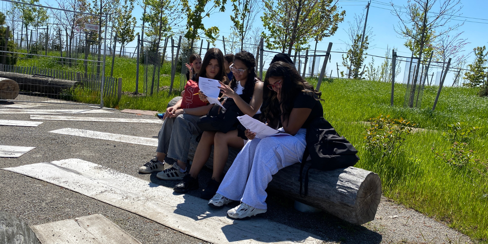 Students sitting outdoors.